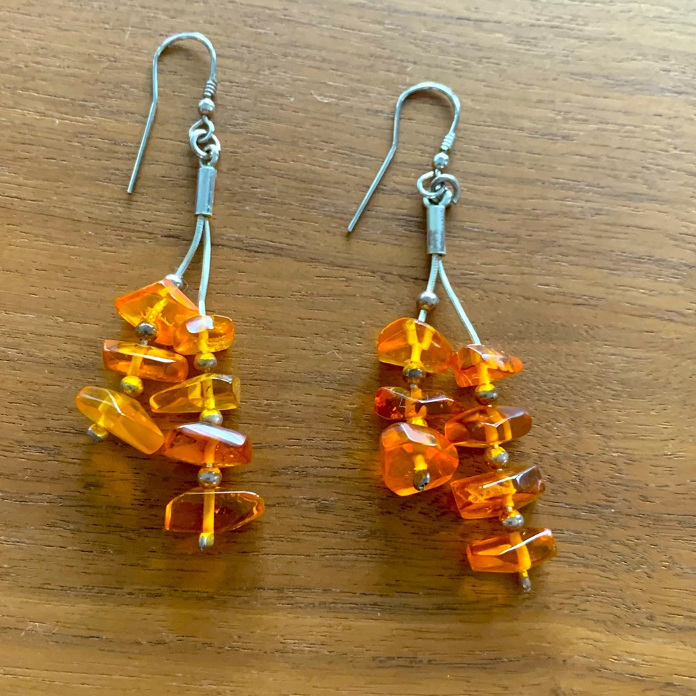 NWOT Natural Baltic Amber dangle earrings. Modern unique. Handcrafted in silver.